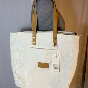 Cream and Tan Canvas Tote Bag with Leather Handles